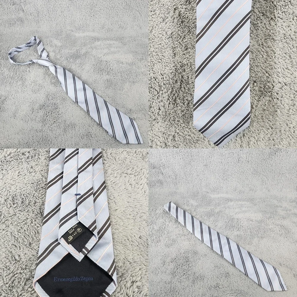 Ermenegildo Zegna Tie Mens Silk Blue‎ Brown Peach Striped Necktie Made in Italy